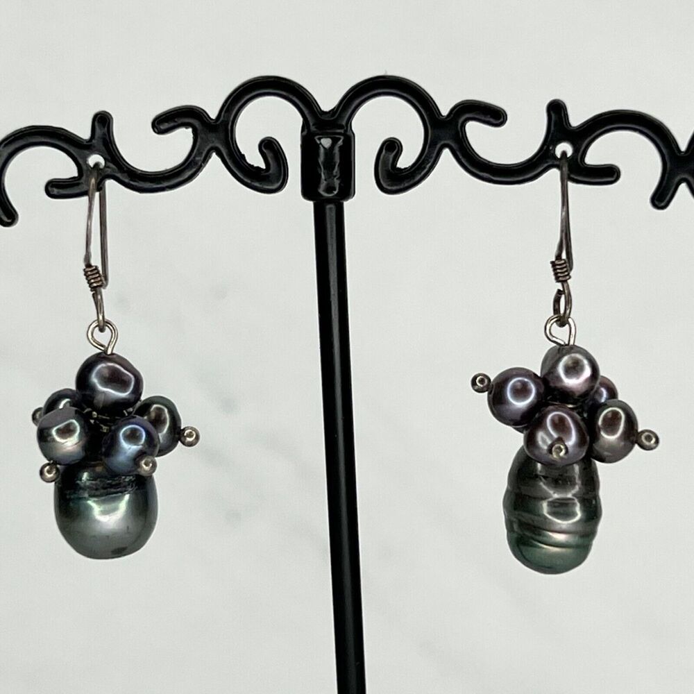 Vintage Sterling Silver 925 Dark Faux Pearl Beaded Cluster Earrings ✨